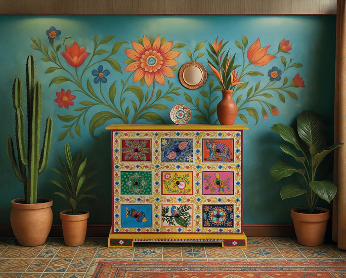 GINER Y COLOMER Mueble Auxiliar con 9 Cajones Pintados a Mano Multicolor en Madera de Mango GINER Y COLOMER Mueble Auxiliar con 9 Cajones Pintados a Mano Multicolor en Madera de Mango