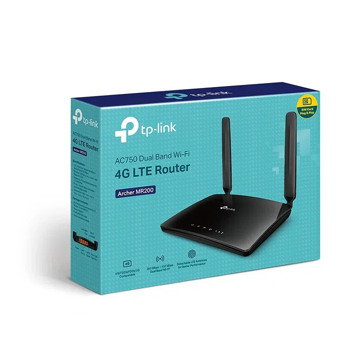 TP-Link Archer MR200 Router 4G LTE AC750 Dual Band (2.4GHz/5GHz) Wi-Fi 5, 4 Puertos Ethernet LAN, Negro