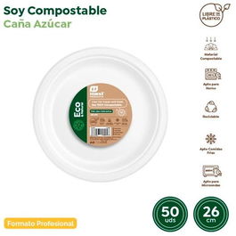 Maxi products Plato Llano Compostable Caña De Azúcar Ø26 cm Blanco Pack 50 Ud