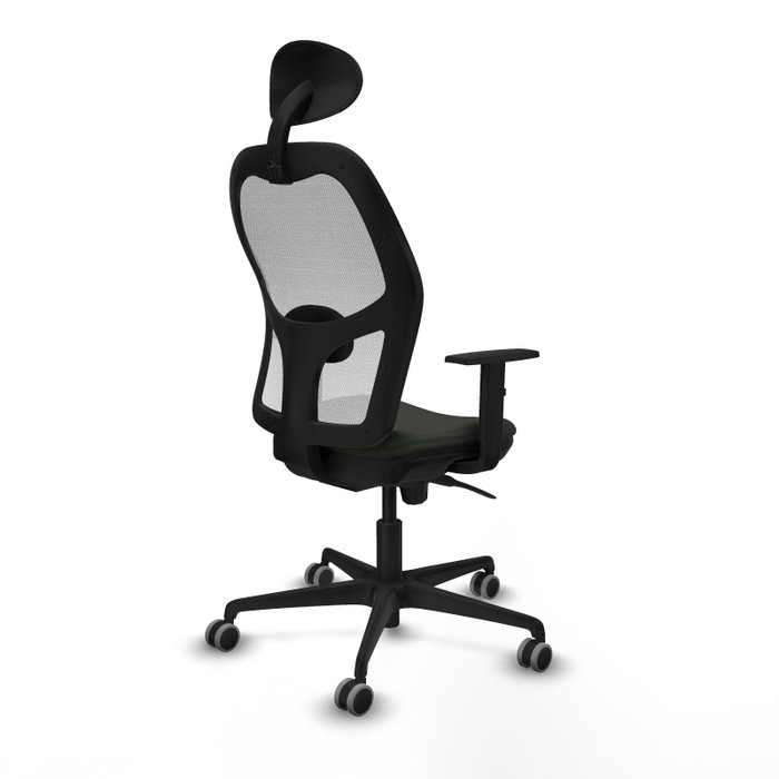 Silla de oficina Jorquera con mecanismo Sincro tapizada con Tela color Negro y malla color Blanco. Equipada con lumbar 1D, Brazos 1D, Cabecero Fijo y Ruedas 65 mm parqué