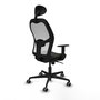 Silla de oficina Jorquera con mecanismo Sincro tapizada con Tela color Negro y malla color Blanco. Equipada con lumbar 1D, Brazos 1D, Cabecero Fijo y Ruedas 65 mm parqué