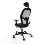 Silla de oficina Jorquera con mecanismo Sincro tapizada con Tela color Negro y malla color Blanco. Equipada con lumbar 1D, Brazos 1D, Cabecero Fijo y Ruedas 65 mm parqué