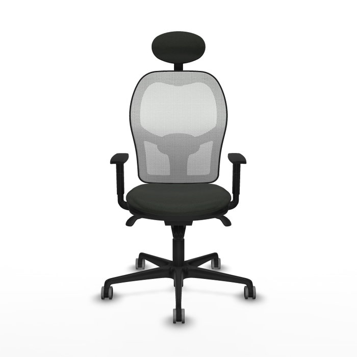 Silla de oficina Jorquera con mecanismo Sincro tapizada con Tela color Negro y malla color Blanco. Equipada con lumbar 1D, Brazos 1D, Cabecero Fijo y Ruedas 65 mm parqué