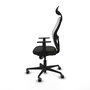 Silla de oficina Jorquera con mecanismo Sincro tapizada con Tela color Negro y malla color Blanco. Equipada con lumbar 1D, Brazos 1D, Cabecero Fijo y Ruedas 65 mm parqué