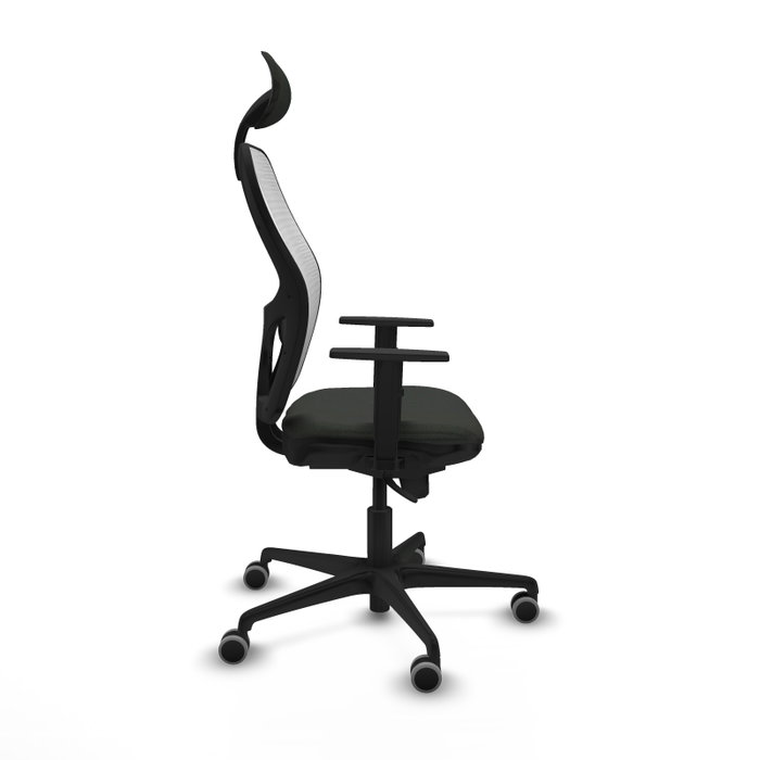Silla de oficina Jorquera con mecanismo Sincro tapizada con Tela color Negro y malla color Blanco. Equipada con lumbar 1D, Brazos 1D, Cabecero Fijo y Ruedas 65 mm parqué