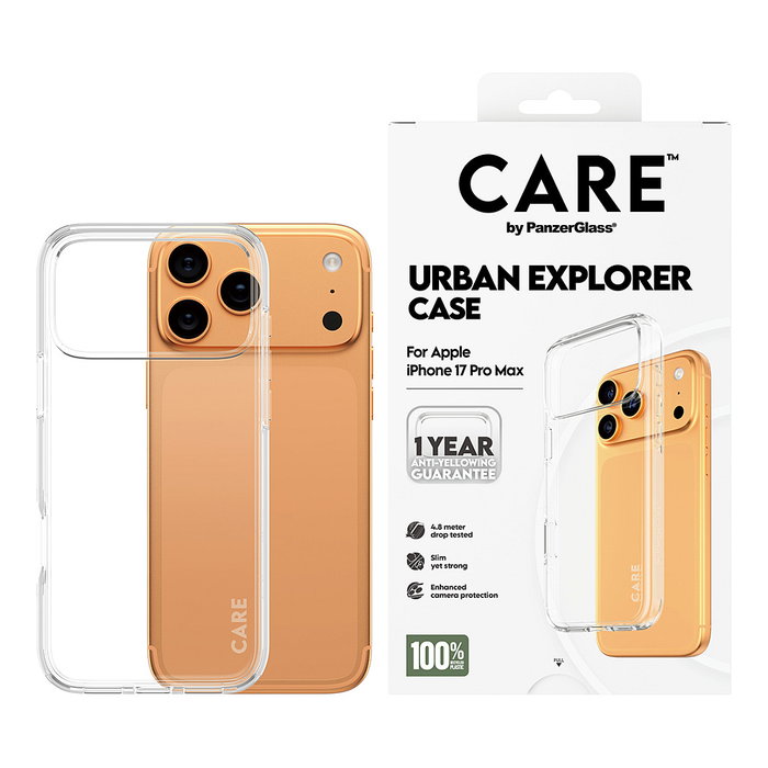 PanzerGlass CARE by Urban Explorer Case - Crystal Clear, Transparente, Protección Antiamarillamiento, 100% Material Reciclado para Apple iPhone 15 Pro Max