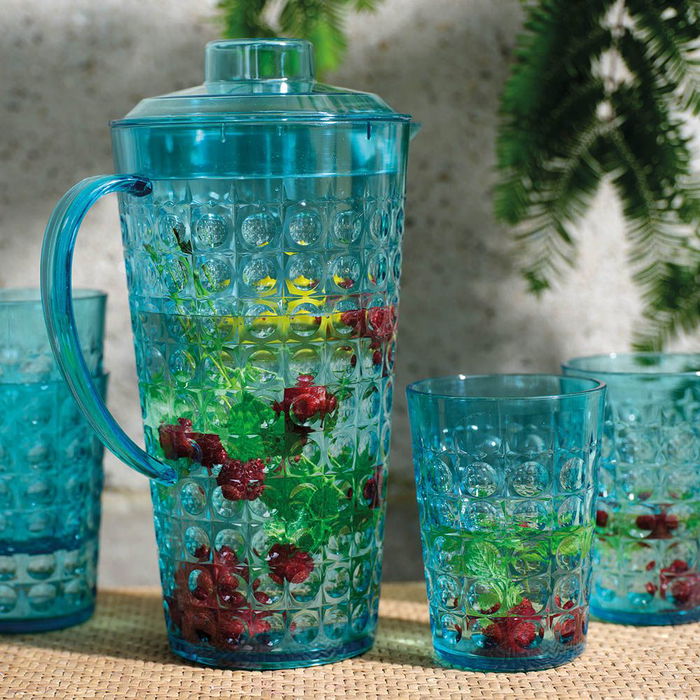 KSD Jarra con 4 Vasos, 2 Litros + 420 ml c/u, Diseño de Bolas Azul, Plástico