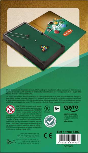 Cayro Play Time Pool, Juego de Mesa de Billar con 2 Palos, 1 Triángulo y 16 Bolas, 8+ Años, Inglés