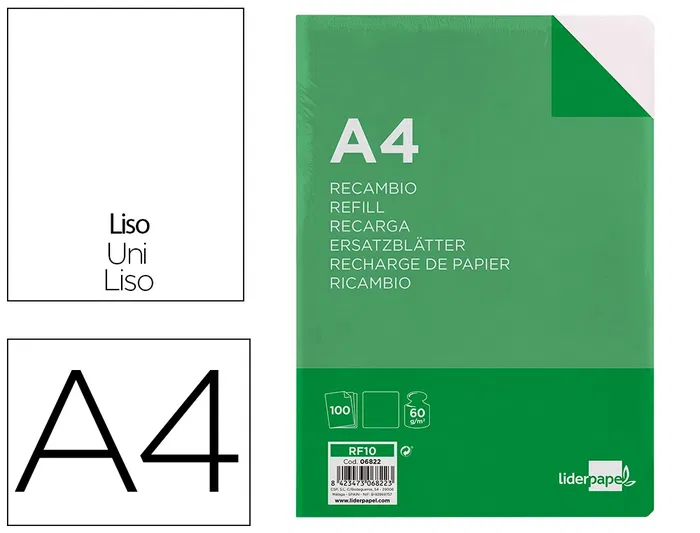 Liderpapel Recambio A4 100 Hojas 60gr Liso Sin Margen 4 Taladros Liderpapel Recambio A4 100 Hojas 60gr Liso Sin Margen 4 Taladros