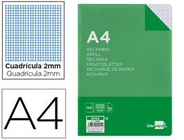 Liderpapel Recambio A4 100 Hojas Milimetrado Sin Margen 4 Taladros