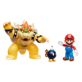 Jakks Pacific Super Mario vs. Bowser Serie 1 - Set de Figuras Articuladas con Mario de 6 cm y Bowser con Bomba, Multilingüe