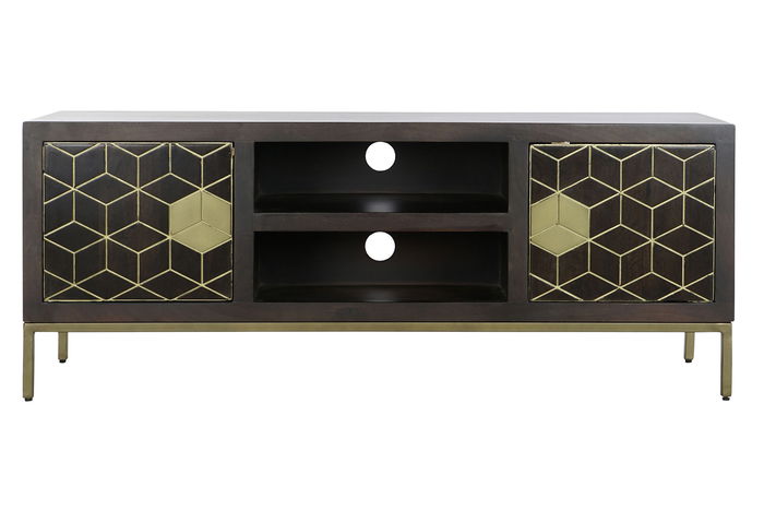 DKD Home Decor Rombo Gold Mueble TV Moderno Marrón Dorado 140 x 55 x 40 cm Acacia Metal Puertas