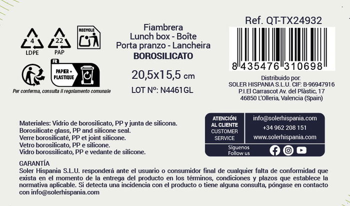 Inde Fiambrera Rectangular Hermética Textury 20.5 cm x 15.5 cm x 6.9 cm 1 L (6 Unidades)