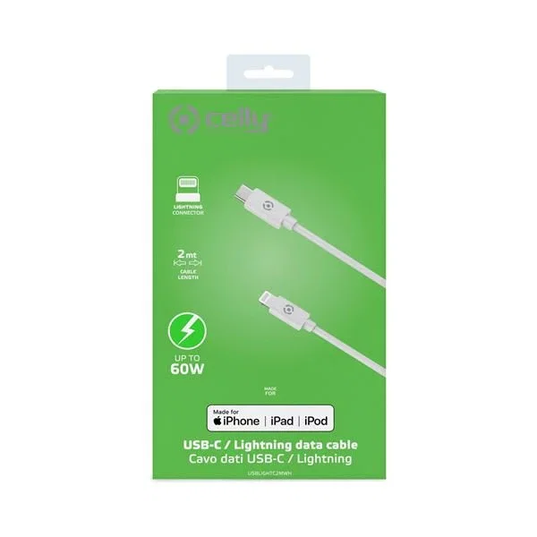 Celly USBLIGHTC2MWH Cable USB Tipo C a Lightning 2 Metros Blanco para iPhone 12/11/XR/XS/8/7