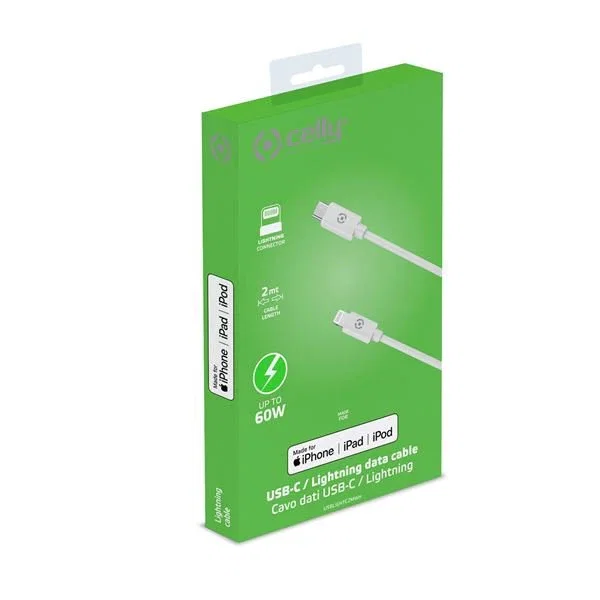 Celly USBLIGHTC2MWH Cable USB Tipo C a Lightning 2 Metros Blanco para iPhone 12/11/XR/XS/8/7