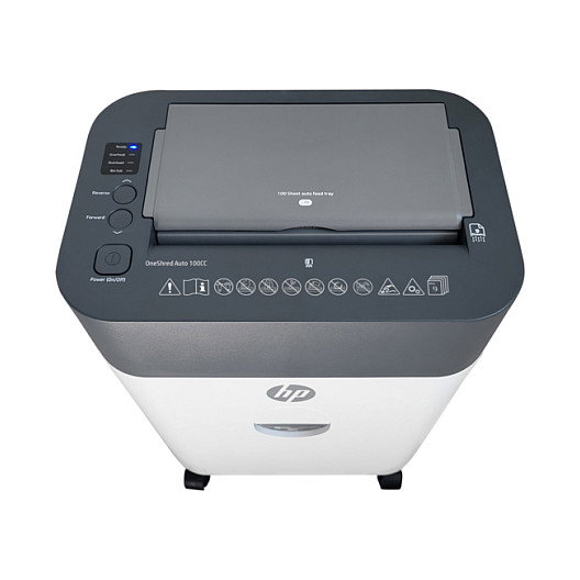 HP OneShred Auto 100CC Trituradora de Papel de Corte Cruzado Blanco, 100 Hojas, 17 L, 4.3 x 12 mm, Nivel de Seguridad P-4, para A4, con Triturador de Tarjetas, 68 dB