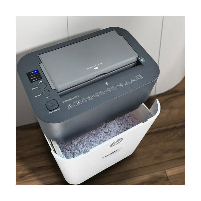 HP OneShred Auto 100CC Trituradora de Papel de Corte Cruzado Blanco, 100 Hojas, 17 L, 4.3 x 12 mm, Nivel de Seguridad P-4, para A4, con Triturador de Tarjetas, 68 dB