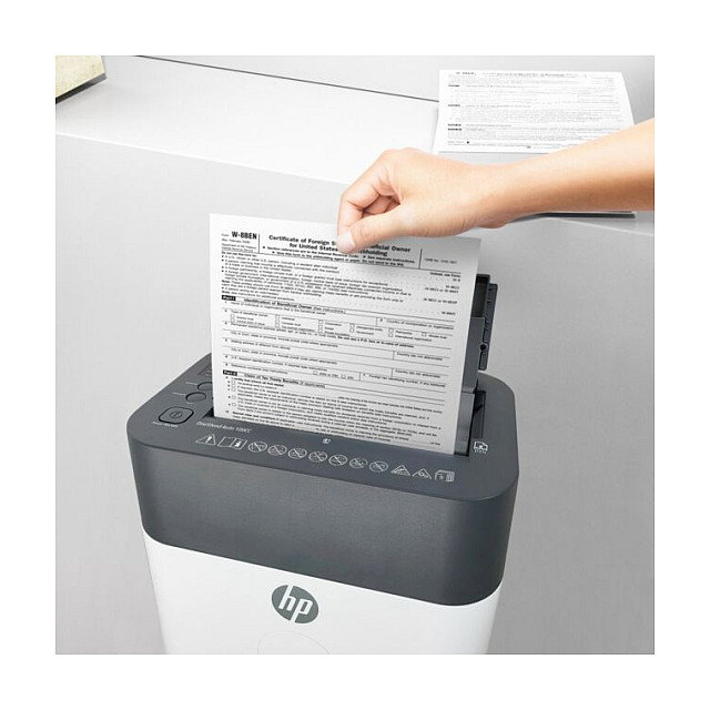 HP OneShred Auto 100CC Trituradora de Papel de Corte Cruzado Blanco, 100 Hojas, 17 L, 4.3 x 12 mm, Nivel de Seguridad P-4, para A4, con Triturador de Tarjetas, 68 dB
