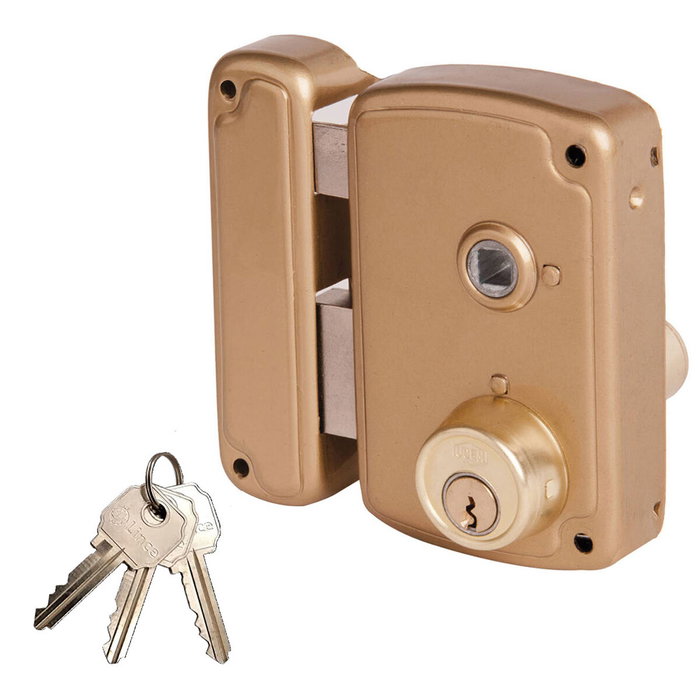 Ucem Cerradura de sobreponer modelo 4056ahb075i, mano izquierda, acabado oro