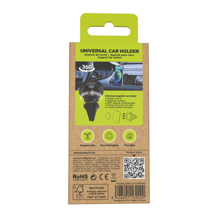 Muvit MCCHL0001 Soporte de Móvil Magnético para Coche con Pinza para Rejilla de Aire Acondicionado Universal