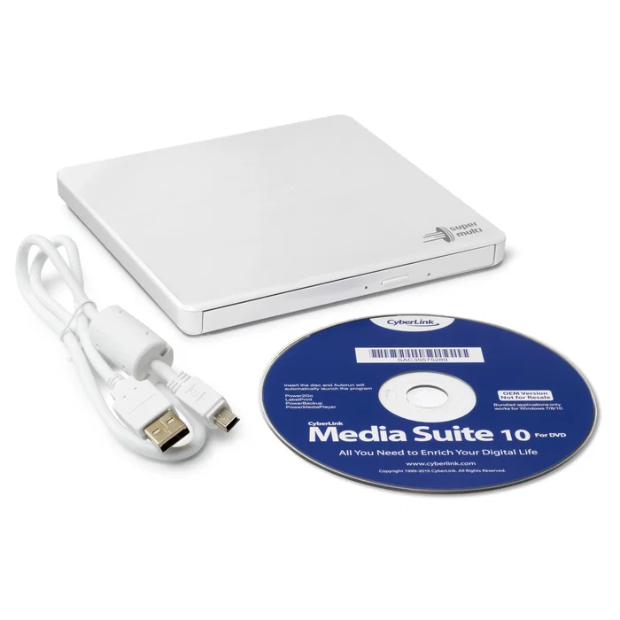 Hitachi-LG Unidad de Disco Óptico Portátil Ultra Slim DVD±RW Blanca, USB 2.0, 8x, Compatible con M-DISC, Silent Play, Windows 10 y Mac OS