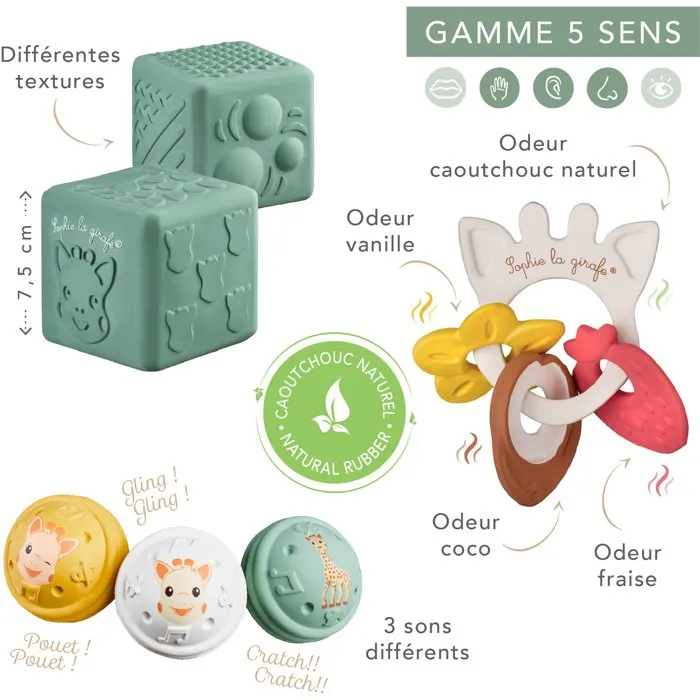 Sophie La Girafe Set de Aprendizaje Temprano Sensorial con Jirafa Sophie, Cubo Texturizado, Anillo Perfumado y Pelotas Musicales
