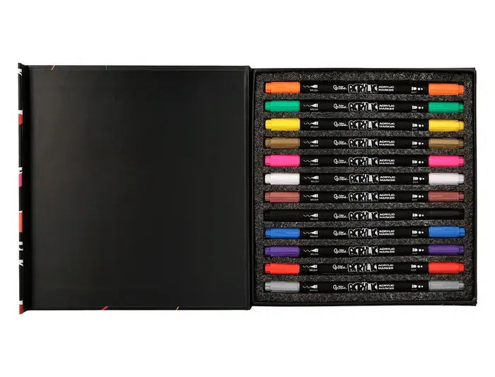 Liderpapel Rotulador Acrylic Base Agua Todo Tipo Superficie Doble Punta Pincel y Dot Caja 12 Unidades Surtidas