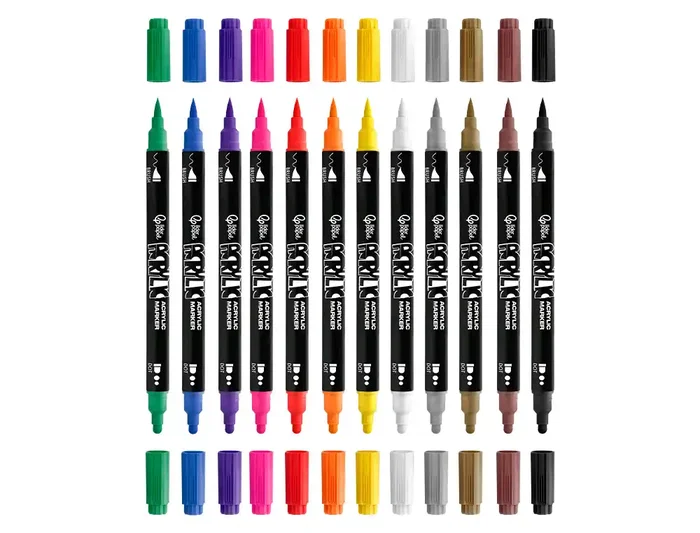 Liderpapel Rotulador Acrylic Base Agua Todo Tipo Superficie Doble Punta Pincel y Dot Caja 12 Unidades Surtidas