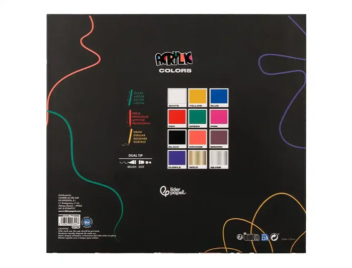 Liderpapel Rotulador Acrylic Base Agua Todo Tipo Superficie Doble Punta Pincel y Dot Caja 12 Unidades Surtidas