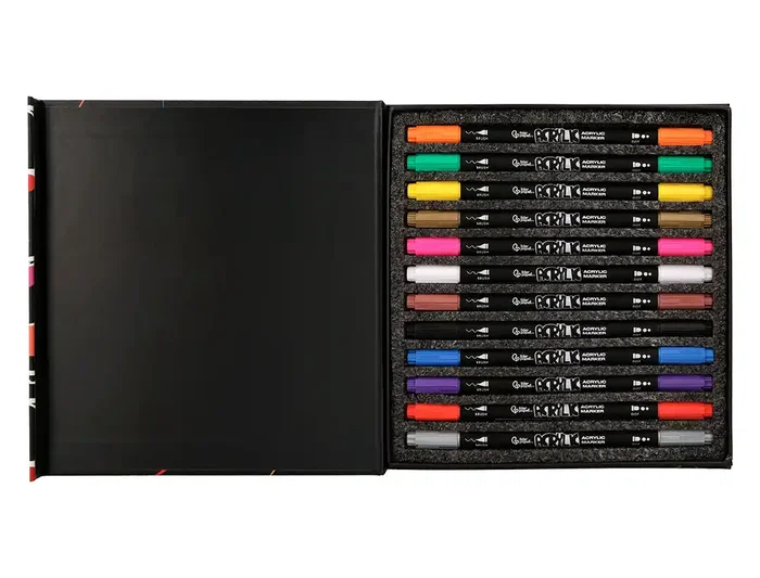 Liderpapel Rotulador Acrylic Base Agua Todo Tipo Superficie Doble Punta Pincel y Dot Caja 12 Unidades Surtidas