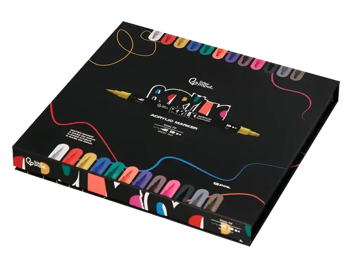 Liderpapel Rotulador Acrylic Base Agua Todo Tipo Superficie Doble Punta Pincel y Dot Caja 12 Unidades Surtidas