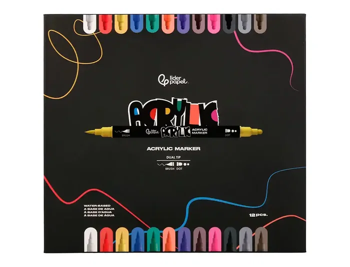 Liderpapel Rotulador Acrylic Base Agua Todo Tipo Superficie Doble Punta Pincel y Dot Caja 12 Unidades Surtidas