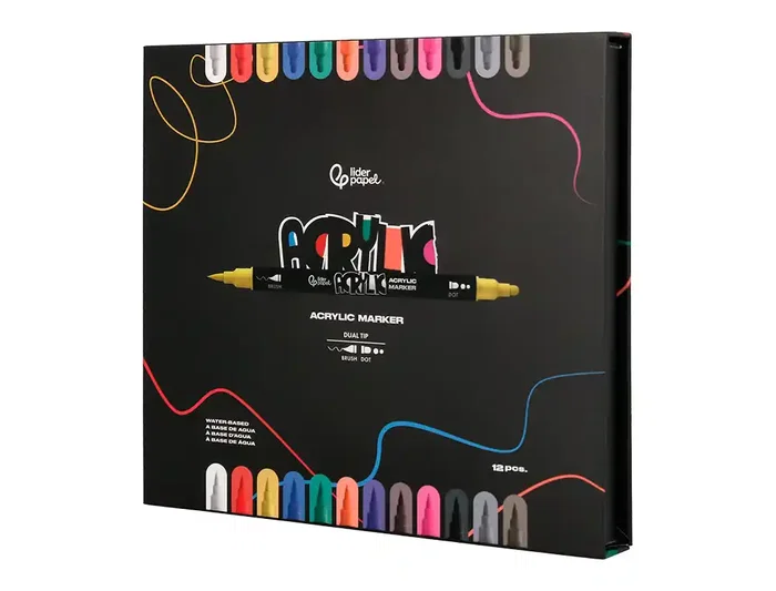 Liderpapel Rotulador Acrylic Base Agua Todo Tipo Superficie Doble Punta Pincel y Dot Caja 12 Unidades Surtidas
