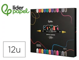 Liderpapel Rotulador Acrylic Base Agua Todo Tipo Superficie Doble Punta Pincel y Dot Caja 12 Unidades Surtidas