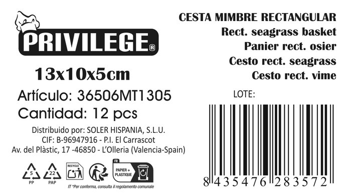 Privilege Cesta Mimbre Rectangular 13 x 10 x 5 cm (36 Unidades)