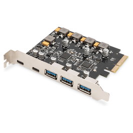 Digitus Tarjeta PCIe USB 3.2 Gen 2 - Tarjeta de Expansión PCIe con 2 Puertos USB Tipo-C y 3 Puertos USB Tipo A, 10 Gbit/s, para PC Windows/Linux