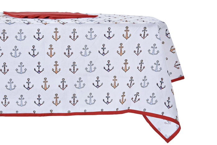 DKD Home Decor Mantel Mediterraneo Costa Peces 150x150 cm Algodon Polyester Azul Rojo Blanco Set 5 Piezas