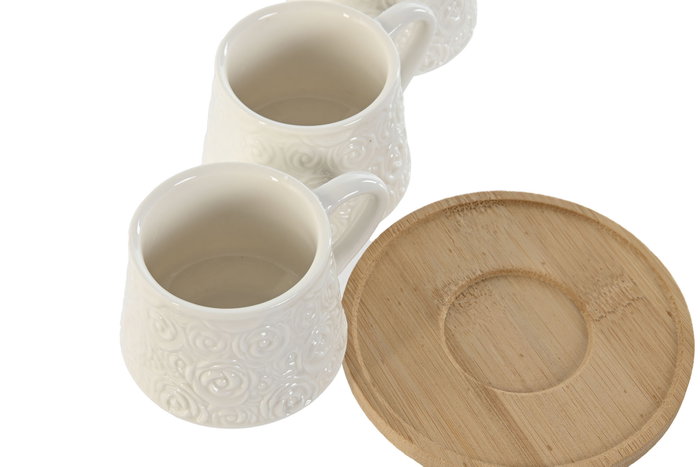 DKD Home Decor Juego de Café de Porcelana y Bambú, 6 Piezas, Blanco