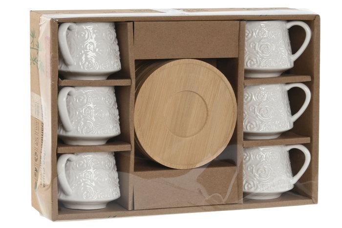 DKD Home Decor Juego de Café de Porcelana y Bambú, 6 Piezas, Blanco