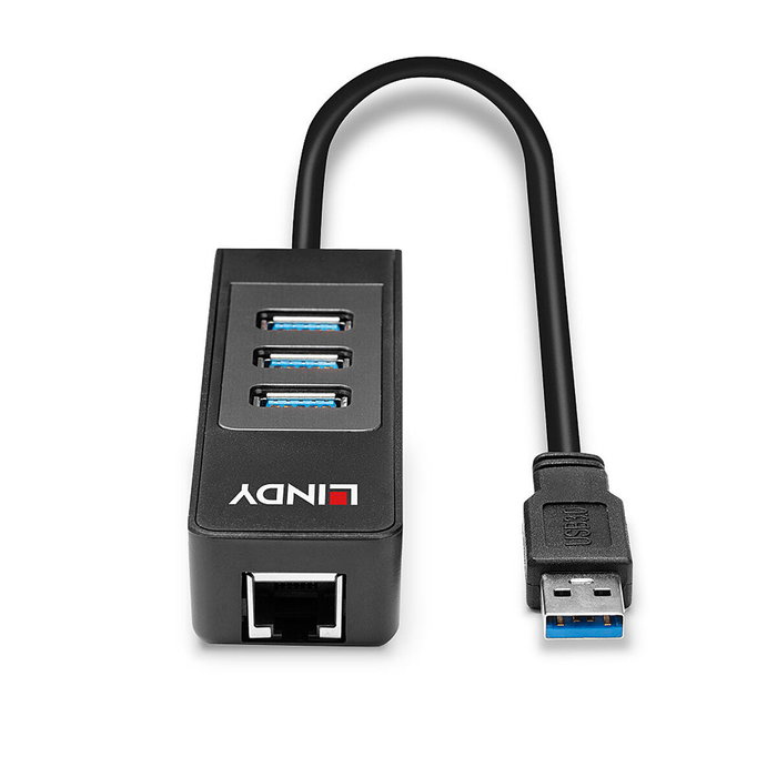 Lindy Hub USB 3.2 Gen 1 con 3 Puertos USB-A y Gigabit Ethernet RJ-45, Negro