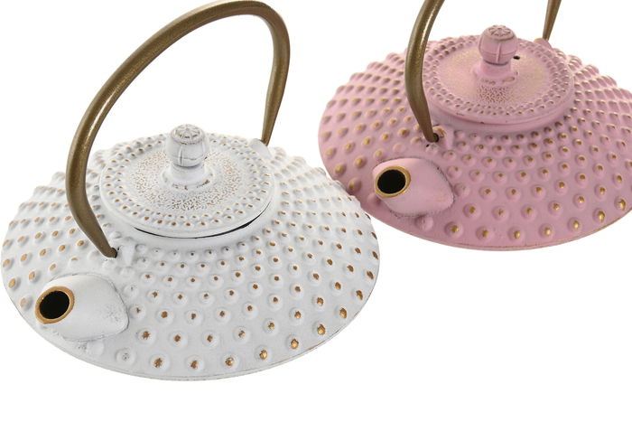 DKD Home Decor Tetera Oriental Blanco Rosa Hierro Colado/Inox 500ml (2 Unidades) 15.5 x 12.5 x 16 cm