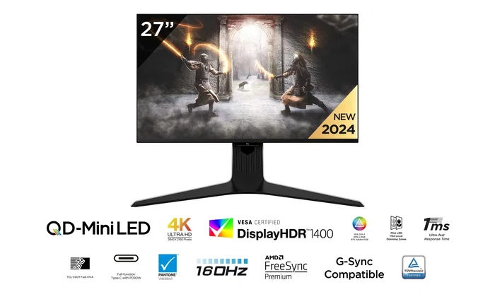 TCL Monitor Gaming TCL R83 27R83U 27" 4K UHD 160Hz 1ms Fast VA QLED G-SYNC Compatible FreeSync Premium Altura Ajustable Color Negro y Blanco