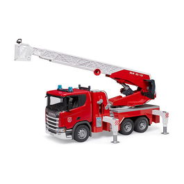 BRUDER Scania Super 560R Fire Engine, Camión de Bomberos con Escalera Giratoria, Bomba de Agua, Luz y Sonido, 1:16, Plástico
