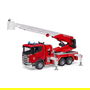 BRUDER Scania Super 560R Fire Engine, Camión de Bomberos con Escalera Giratoria, Bomba de Agua, Luz y Sonido, 1:16, Plástico