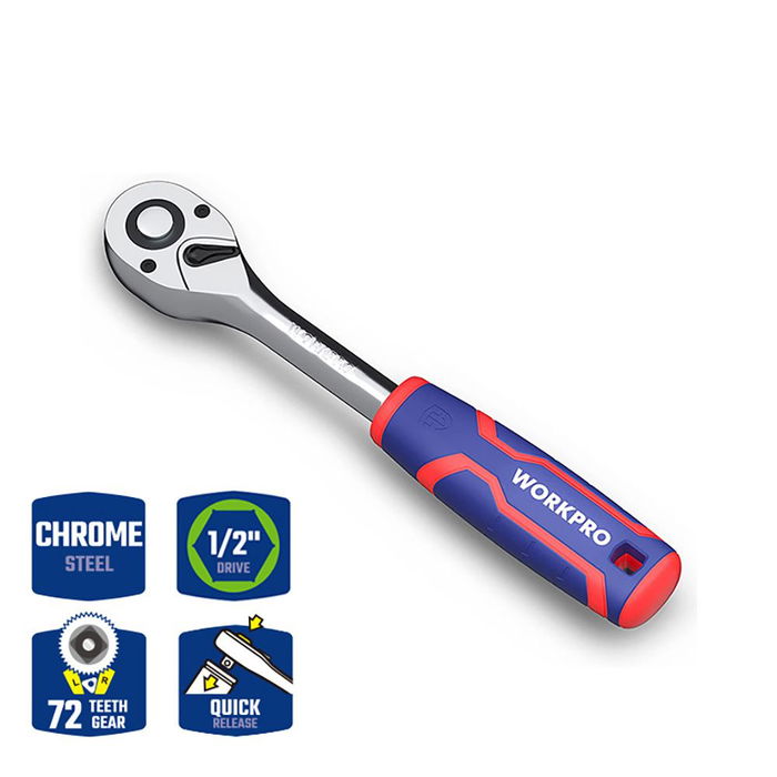 Workpro Llave de carraca ½ pulg, 72 dientes, mango ergonómico de goma, azul y rojo
