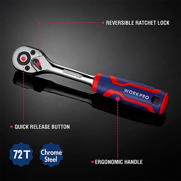 Workpro Llave de carraca ½ pulg, 72 dientes, mango ergonómico de goma, azul y rojo