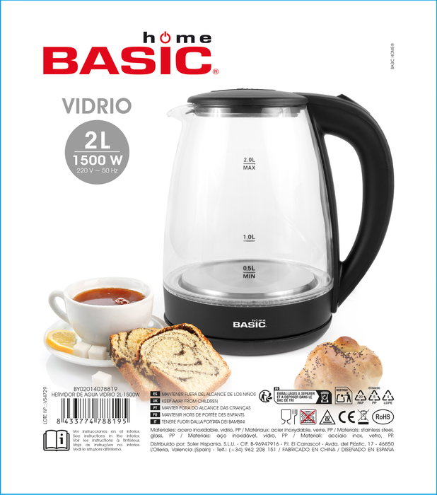 Basic Home Hervidor de Agua de Vidrio 2L 1500W