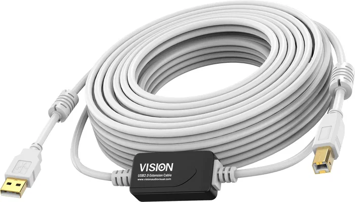 Vision TC 15MUSB+/2 Cable USB 2.0 A a B, 15 metros, Blanco, 480 Mbit/s, Conectores Chapados en Oro, con Núcleos de Ferrita