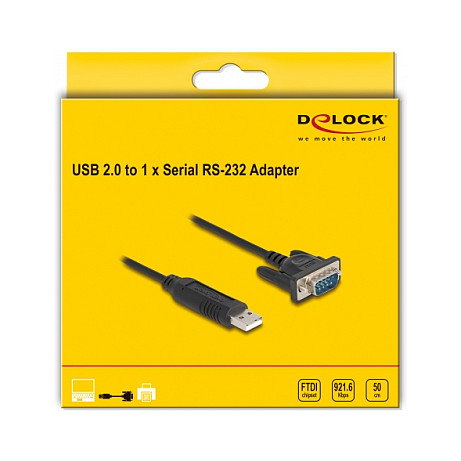 DeLOCK Adaptador Cable USB 2.0 Tipo A a RS-232 Serial 50 cm FTDI, Negro, para Windows y Linux