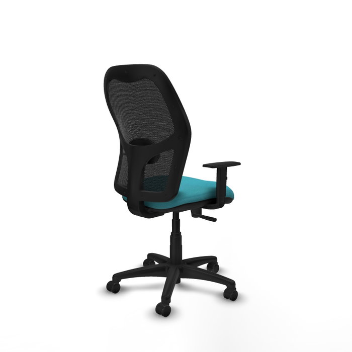 Silla de oficina Alocén con mecanismo Sincro tapizada con Tela color Turquesa y malla color Negro. Equipada con lumbar 1D, Brazos 1D y Ruedas de parqué